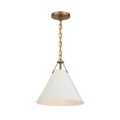 a brass and white pendant light with chain hanging from the ceiling, on an isolated white background