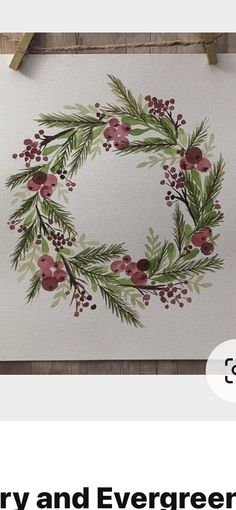 an image of a christmas wreath with berries and evergreen leaves painted on the wall above it