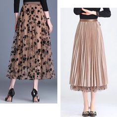 Olivia Mark - Stylish and Minimalist Velvet Pleated Mesh Midi Skirt with Floral Embellishment Mesh Midi Skirt, Floral Embellishment, Denim Midi Skirt, Pleated Mini Skirt, Types Of Skirts, High Waisted Denim, Pleated Skirt, High Waisted Skirt, Maxi Skirt