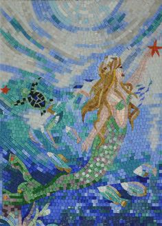 Glass Mosaic - Mermaid Mosaic Puglia House, Mosaic Mermaid, Nautical Mosaic, Mermaid Mosaic, Swimming Pool Mosaics, Sea Glass Mosaic, Human Figures, Green Mermaid, Mosaic Pool