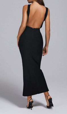 Embrace the allure of mystery with our Backless Sleeveless Bandage Maxi Dress in Black! This isn't just a dress, it's a captivating tale of elegance and sensuality. The backless design adds a seductive surprise, while the sleeveless cut allows for freedom of movement. The bandage style beautifully accentuates your curves, and the maxi length brings a regal touch. The black hue is as intriguing as a moonless night, creating a dress that's perfect for formal events, black-tie parties, or any occas Curvy Maxi Dress, Moonless Night, New Look Dresses, Black Tie Party, Backless Maxi Dress, Bandage Midi Dress, Form Fitting Dress, Backless Maxi Dresses, Backless Design