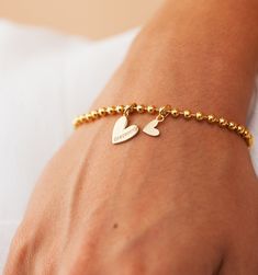 Heart Bracelet: Engraved Charms – Rellery Small Heart Necklace, Double Heart Necklace, Meaningful Jewelry, Bead Chain, Bar Bracelets, Double Heart, Name Bracelet, Gold Plated Bracelets, Heart Bracelet