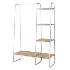 a white metal and wood shelf with three shelves on each side, against a white background