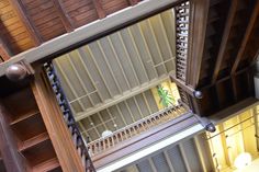 an overhead view of some wooden shelves and stairs