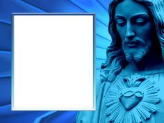 a statue of jesus with a heart on it's chest and a blue background