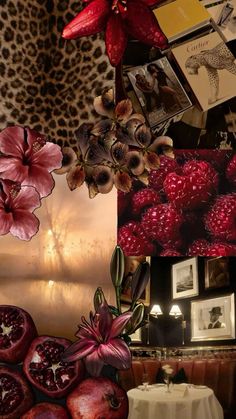 a collage of photos with pomegranates and pictures on the wall