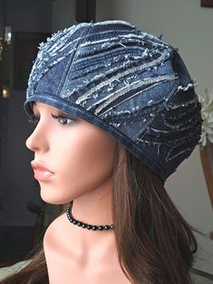 I made this patchwork hat by upcycling 100% cotton denim fabric sourced from various gently used denim garments and lining it with satin. You can wear this hat with headband inside, out or combined.  Headband is not stretching. Denim and lining are pure cotton.  Size: M 23"/ 58cm,   Mannequin head is 21" around (Small) This hat is one of my" Barbie doll hat " collection.  Each item I create is unique and one of a kind. This hat would make a perfect accessory and a wonderful gift. Washing instructions:  Dry clean or use a toothbrush and soap on spots.  Iron with piece of cotton cloth.    100% upcycled handmade denim hats ready to ship. #60924 Denim Garments, Denim Hats, Patchwork Hat, Patchwork Embroidery, Little Hat, Aviator Hat, Newsboy Hat, Denim Ideas, Mannequin Head