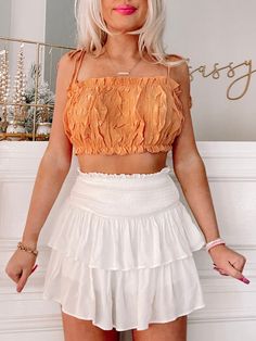 Macy Orange Ruffle Crop Top | Sassy Shortcake Ruffled Cropped Tube Top For Spring, Spring Cropped Ruffled Tube Top, Cropped Ruffle Tube Top For Spring, Cropped Ruffled Tube Top For Spring, Trendy Fitted Crop Top With Ruffled Straps, Spring Orange Cropped Crop Top, Trendy Sleeveless Ruffled Tube Top, Trendy Crop Top With Ruffled Straps, Spring Ruffle Cami Crop Top