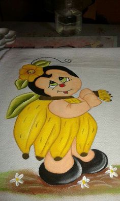 a painting of a girl with bananas on a tablecloth that has flowers in her hair