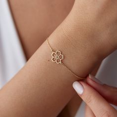 This delicate and elegant bracelet is made with high-quality 14k gold and features a real gold cherry blossom charm. The bracelet is also adorned with a dainty sakura flower charm and a birth flower charm, making it a unique and personal gift for any occasion. This bracelet makes a perfect gift for any occasion, from a birthday to a graduation to a wedding. It is a unique and personal gift that the recipient will cherish for years to come. D E T A İ L S * Material: 14k Solid Gold (Real Solid Gol Delicate Rose Gold Plated Gold Bracelet, Delicate Rose Gold Plated Bracelet, Everyday Yellow Gold Flower-shaped Jewelry, Yellow Gold Flower Jewelry For Everyday, Everyday Yellow Gold Flower Jewelry, Elegant Rose Gold Bracelets With Flower Charm, Elegant Rose Gold Bracelet With Flower Charm, Delicate Yellow Gold Flower Bracelet, Dainty Yellow Gold Bracelet With Flower Charm