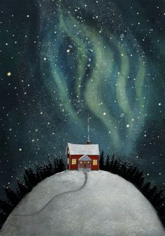 a painting of a house on top of a snow covered hill with the stars in the sky