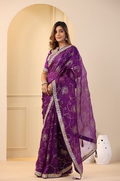 Go for this beautiful purple embroidered organza saree at parties and festive occasions. The saree comes with an embroidered blouse. Shop designer saree online in USA from Pure Elegance. Disclaimer: The actual product may vary slightly from the image. These are custom orders, hence expect slight variation in color, placement of the motif or buta. ESTIMATED DELIVERYBecause this is a custom order, it would take about 4 weeks from the date of purchase. RETURN POLICYThis product is a custom order an Purple Pre-draped Saree With Zari Work For Celebration, Purple Tissue Silk Pre-draped Saree With Sheer Dupatta, Purple Organza Pre-draped Saree For Diwali, Purple Georgette Pre-draped Saree For Festivals, Purple Organza Pre-draped Saree With Dupatta, Purple Georgette Pre-draped Saree For Eid, Purple Chanderi Pre-draped Saree For Wedding, Celebration Purple Georgette Pre-draped Saree, Traditional Purple Tissue Silk Pre-draped Saree