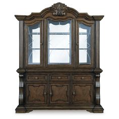 a wooden china cabinet with glass doors on the front and side panels, in an antique style