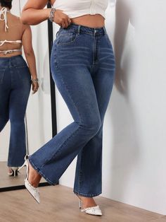 Medium Wash  Collar  Denim Plain Flare Leg Embellished Medium Stretch  Women Plus Clothing Jeans Essentials, Plus Size Women Casual, Fashion Empire, Fitting Jeans, Shein Icon, Flare Leg Jeans, Plus Size Jeans, Flared Jeans, Womens Fall