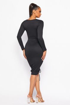 Plunging V neck front ruched midi dress Long sleeve Adjustable front ruching -x2 Rib True to size with good stretch Fall V-neck Ruched Midi Dress, Fitted V-neck Midi Dress With Ruched Sides, Long Sleeve Midi Dress With Ruched Sides, Party Long Sleeve Midi Dress With Ruched Sides, Party Midi Dress With Ruched Sides And Long Sleeves, Ruched Bodycon Dress With Surplice Neckline, Chic Long Sleeve Midi Dress With Ruched Sides, Fall Ruched Midi Dress, Flattering Long Sleeve Midi Dress For Date Night