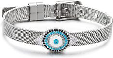 Features: Women Evil Eye Bracelet, Grid Mesh Bangle, Buckle Clasp Metal: Alloy; Material: Enamel Stone: Cubic Zirconia Finishing: Polished Dimension: Length Adjustable from 15-19.5CM(5.91-7.68"); Chain Width: 0.8CM(0.31") ; Weight: 14.6g Package: Jewelry Box with Brand Name COOLSTEELANDBEYOND Item Condition: New Package Jewelry, Eye Bracelet, Evil Eye Bracelet, Evil Eye, Jewelry Box, Cubic Zirconia, Bangles, Buckle, Mesh