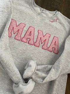 Embroiled Sweatshirts, Pink Long Sleeve Sweatshirt With Name Print, Long Sleeve Tops For Mother's Day Loungewear, Pink Long Sleeve Top With Letter Embroidery, Spring Pink Sweatshirt With Embroidered Graphics, Pink Embroidered Sweatshirt For Spring, Cute Crew Neck Sweatshirt For Mother's Day, Long Sleeve Sweatshirt With Embroidered Text For Mother's Day, Mother's Day Long Sleeve Sweatshirt With Embroidered Text