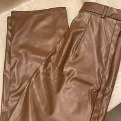 Leather Brown Pants Size Xs Never Used Fitted Brown Wide Leg Pants, Trendy Style, Trendy Fitted Brown Wide Leg Pants, Trendy Brown Pants With Belt Loops, Trendy Brown Bottoms For Night Out, Brown High-waisted Pants For Night Out, Brown Wide Leg Pants For Night Out, Brown Trousers For Night Out, Spring Brown Pants For Night Out, Brown Pants For Night Out