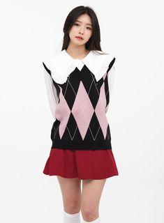 Product Detail Style : Street Occasion : Work wear, Casual, Back to school Print : Argyle Material : Polyester, Nylon, Acrylic, Knit Sleeve : Sleeveless Length : Midi Fit : Wide fit Acrylic41, Polyester31, Nylon28 Size(Inch) Shoulder Bust Armhole Neck Width Hem Total Length S/M 17.7" 20.9" 9.4" 5.5" 17.3" 25.6" Size(CM) Shoulder Bust Armhole Neck Width Hem Total Length S/M 45 cm 53 cm 24 cm 14 cm 44 cm 65 cm Festival Trends, Black Mesh Top, A Line Mini Skirt, Seoul South Korea, Prom Outfits, Boatneck Sweater, Knit Sleeve, Fashion Korean, Plus Size Jeans