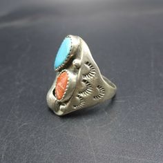 "DESCRIPTION: This powerful ring will be a treasured addition to your collection of fine vintage Native American jewelry. MEASUREMENTS: Ring face measures 1 1/8\" x 1/2\" RING SIZE: 10 1/2 WEIGHT: 10.0 grams SIGNED: no STERLING: unmarked, verified sterling silver" Untreated Southwestern Style Ring Jewelry, Western-style Turquoise Ring With Patina, Southwestern Style Turquoise Ring With Patina, Southwestern Multi-stone Jewelry For Anniversary, Southwestern Turquoise Rings With Patina, Southwestern Stamped Turquoise Ring Gift, Southwestern Style Stamped Turquoise Ring As Gift, Western Style Turquoise Ring Collectible, Southwestern Stamped Turquoise Ring