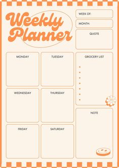 the weekly planner is shown in orange and white