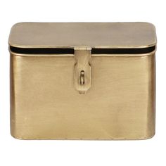 a gold metal box with a lock on it