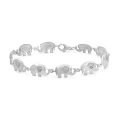 Take your look on a playful safari adventure with this cute diamond accent elephant link bracelet. Fashioned in sterling silver Elephant-shaped links shimmer with beaded heart-shaped ears. A trio of diamond accents adds sparkle to the design. This 7.5-inch bracelet secures with lobster claw clasp. Personalized Silver Diamond Bracelet, Animal Bracelet, Elephant Jewelry, Silver Link Bracelet, Elephant Bracelet, Safari Adventure, Silver Elephants, Bracelet Sterling Silver, Sterling Silver Bracelet