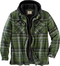 Can't wait for that first cool fall day? Then you'll love this soft washed 100  cotton yarn-dyed flannel hooded shirt jac. Featuring quilted satin lined body and sleeves with 130 gm of poly-fill insulation  zippered entry placket and double lined fleece hood - plus  convenient side hand warming pockets. Finished with Legendary  buttons and Signature Buck embroidery. Mens Winter Shirts, Overcoat Men, Mode Tips, Hooded Jacket Men, Mens Winter Coat, Winter Shirts, Flannel Jacket, Mens Flannel, Winter Jacket Men