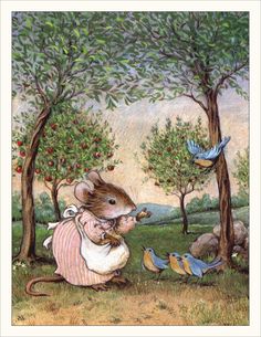 Mouse Feeding Bluebirds Maus Illustration, Wee Forest Folk, Mouse Illustration, Marjolein Bastin, Arte Animal, Bastille, Beatrix Potter, Childrens Illustrations, Children's Book Illustration