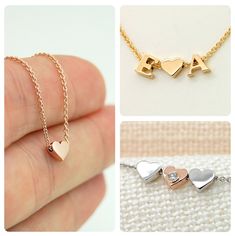 This is a solid gold necklace - you could choose 14K yellow gold, 14K rose gold, 14K white gold for your charms and chain. A tiny heart charm slides on the chain, it is closed in on the necklace by a side loop so it won't come off. You could have a heart or any initial on the necklace, it could be several pieces on the same chain, there are different options with prices in the drop down menu. Each charm is about 4-5mm tall with 2.4mm thickness. Tiny initial charms are all solid 14K gold, cable c 14k Gold Charm Necklace For Valentine's Day Gift, Heart-shaped 14k Gold Name Necklace As Gift, Silver Heart-shaped 14k Gold Name Necklace, 14k Gold Heart Name Necklace For Gift, 14k Gold Pendant Charm Necklace For Valentine's Day, 14k Gold Charm Necklace For Anniversary, Valentine's Day 14k Gold Name Necklace With Hallmark, Silver Heart Necklace In 14k Gold For Mother's Day, Dainty Rose Gold Name Necklace As Gift For Her