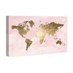 a pink and gold world map on a white background