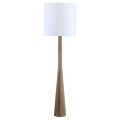 a wooden floor lamp with a white shade