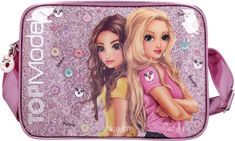 a pink purse with two girls on it