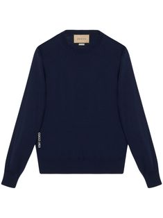 Blue wool sweater by GUCCI, characterized by crew neck, long sleeves, contrasting embroidered logo detail. This item is in size S and the color is