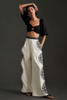 Rent Embellished Wide-Leg Pants from Nuuly. Pick 6 items for $98/month. Free shipping + returns. Fashion Attire, Wide Pants, Petite Outfits, Upcycle Clothes, Cotton Dresses, Classy Outfits, Fashion Pants, Shirt Design, Clothes For Sale