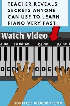 someone is playing piano with their hands on the keyboard and pointing to the video below