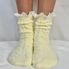 Heavenly yellow soft lace socks women's, ladies slipper socks, best quality . Socks With Flats, Photo Signature, Ivory Lace Top, Friend In Need, Pretty Socks, Cable Knit Socks, Sock Design, Yellow Socks, Ruffled Socks