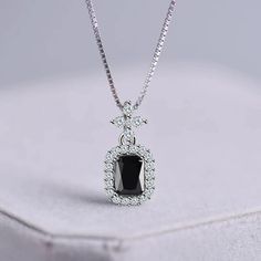 Vintage Dark Gemstone and Cross Necklace With Simulated Diamonds Cubic Zirconia 925 Sterling Silver - Mounteen Formal Cubic Zirconia Necklace With Square Pendant, Timeless Silver Cubic Zirconia Necklaces, Elegant Diamond White Square Pendant Jewelry, Elegant Sterling Silver Necklace With Square Pendant, Elegant Cubic Zirconia Square Pendant Necklace, Elegant Silver Square Pendant Jewelry, Timeless Sterling Silver Jewelry With Sparkling Stones, Elegant White Gold Jewelry With Square Pendant, Elegant White Gold Square Pendant Jewelry