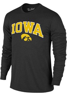 a black long sleeve shirt with the word iowa in yellow and white letters on it