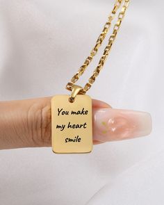 Beautifully made and personalized message necklace. Perfect gift for your daughter, granddaughter, your son or husband  .  Crafted with care and imbued with personal meaning, our unisex handwritten necklace captures the essence of individuality. Each delicate pendant is meticulously inscribed with a cherished message, name, or date, creating a timeless keepsake that speaks directly to the heart. As unique as the wearer themselves, this elegant accessory serves as a reminder of love, connection, Meaningful Name Necklace For Anniversary Gift, Personalized Name Necklace For Anniversary, Personalized Square Pendant Necklace For Mother's Day, Personalized Square Pendant For Mother's Day, Inspirational Customizable Jewelry For Gifts, Personalized Square Pendant Jewelry For Mother's Day, Personalized Square Pendant Charm Necklace For Mother's Day, Personalized Charm Necklace For Anniversary With Square Pendant, Custom Text Necklace For Valentine's Day Gift