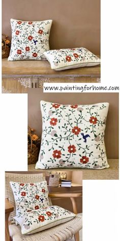 three different views of pillows with flowers on them, one in white and the other in red