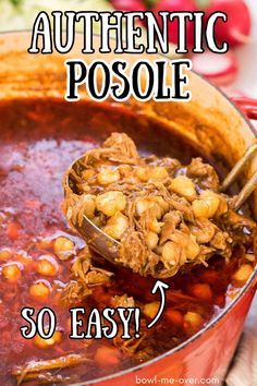 Posole stew with pork and hominy in red chili sauce in Dutch Oven with ladle dishing out a serving. With Pinterest overlay. Authentic Pozole Recipe, New Mexico Posole Recipe, Authentic Pozole