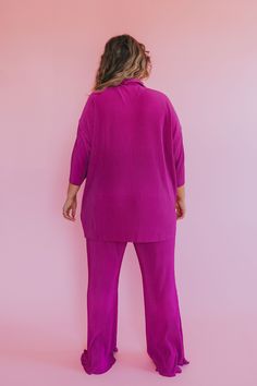 Don't walk, run! The Plus Size: More Than Friends Set won't be around for long! Featuring magenta pleated material, this set is relaxed on top with high-rise fit and flare pants. It's also nursing-friendly for our amazing moms! Relax at home + run errands looking fabulous. Details Pleated material Functioning buttons Relaxed fit top Short to 3/4 length sleeves Raw-edge finish on top Elastic waistband Super high-rise fit Fit and flare pants Ruffled edges on hem Sizing Approximate measurements: SI Fit And Flare Pants, More Than Friends, Friends Set, Nursing Friendly, Home Run, Flare Pants, Workout Pants, Workout Tops, 2 Colours