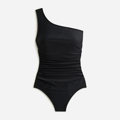 Sleek ruched one-shoulder one-piece swimsuit Summer Stretch Ruched One Shoulder Top, Summer Stretch One-shoulder Top With Ruched Details, One-shoulder Stretch Swimwear For Beachwear, One Shoulder Stretch Swimwear For Beachwear, One-shoulder Stretch Swimwear For Summer, One Shoulder Stretch Swimwear For Summer, One-shoulder Stretch Solid Swimwear, One-shoulder Lined Swimwear For Pool, Black Ruched One Shoulder Top For Summer