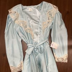 Gorgeous Baby Blue, This Piece Is Old But So Good! I Would Say 50s/60s. Blue Robe Aesthetic, Vintage Nightgown And Robe, Vintage Blue Dress With Lace Trim, Blue Vintage Dress With Lace Trim, Blue Vintage Dress For Spring Wedding, Blue Vintage Dress For Vintage Events, Elegant Blue Vintage Dress For Vintage Events, Blue Vintage Dress For Wedding, Vintage Satin Dress For Wedding Night