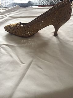 "Sergio Rossi Vintage Gold Lace Pumps gold leather heel Size 35 heel 2 1/2 \" very good condition" Gold Leather Court Shoes With Low Heel, Gold Leather Heels For Gala, Gold High Heel For Evening, Elegant Party Heels With Wooden Heel, Gold High Heels For Evening, Fitted Gold Heels For Evening, Elegant Gold Heels For Formal Occasions, Gold Leather Heels For Evening, Gold Heels With Padded Heel For Evening