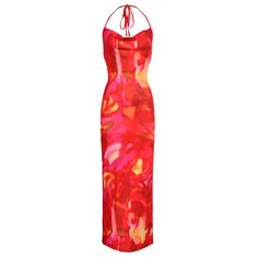 Features: This timeless Gwen Tie Day Print Backless Maxi Dress will have you look effortlessly stylish. The feminine halter silhouette flatters the body while the backless design gives a modern edge. Crafted from a lightweight fabric, it pairs perfectly with strappy sandals for a summer-ready look. Red Sleeveless Tie-back Backless Dress, Red Sleeveless Backless Dress With Tie Back, Summer Evening Bodycon Halter Dress, Spring Bodycon Halter Neck Backless Dress, Red Fitted Spaghetti Strap Backless Dress, Chic Fitted Halter Dress With Strappy Back, Chic Red Halter Dress With Spaghetti Straps, Chic Red Halter Dress For Summer, Red Fitted Backless Dress With Spaghetti Straps