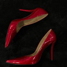 Leather Red Hells Good Condition Used Once Red Pointed Toe Court Shoes With 4-inch Heel, Red Fitted High Heel Court Shoes, Fitted Red High Heel Court Shoes, Fitted Red Court Shoes With Padded Heel, Fitted Red Court Shoes For Evening, Red Sleek Heels With Sculpted Heel, Sleek Red Heels With Sculpted Heel, Sleek Red Open Toe Heels, Chic Red Heels With 4-inch Heel