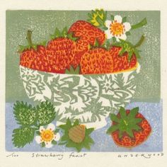 a painting of strawberries in a white bowl with flowers and leaves on the side