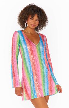 Revenge Mini Dress ~ Bright Stripe Sequins – Show Me Your Mumu Striped V-neck Mini Dress For Night Out, Striped V-neck Party Dress, Spring Multicolor Mini Dress For Disco, Vibrant Long Sleeve Party Dresses, Glamorous Multicolor V-neck Dress, Multicolor V-neck Party Season Dress, Multicolor V-neck Dress For Party Season, Glamorous Multicolor Long Sleeve Mini Dress, Glamorous Long Sleeve Multicolor Mini Dress